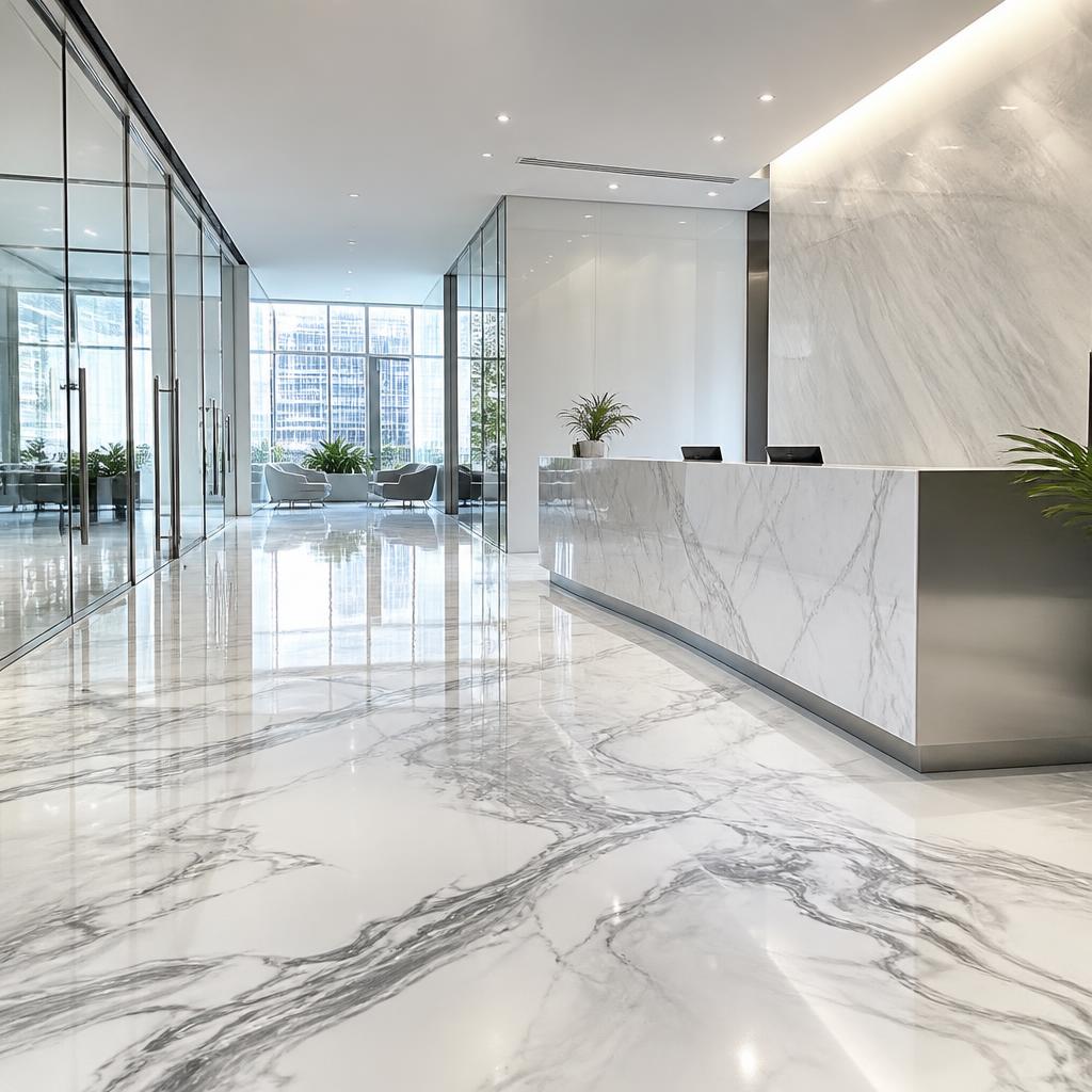 Pearl White & Silver Metallic Epoxy — Office Reception