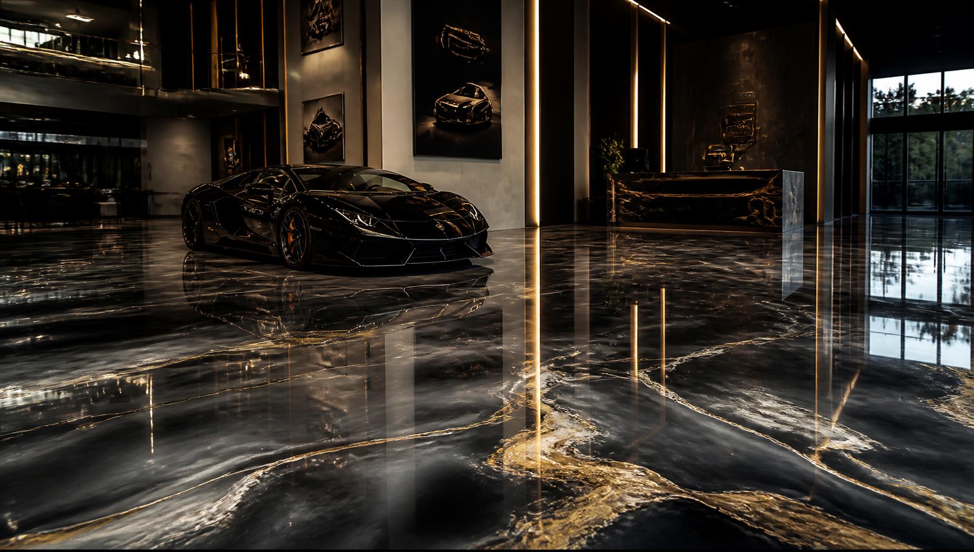 Luxury showroom with a black and champagne gold metallic epoxy floor