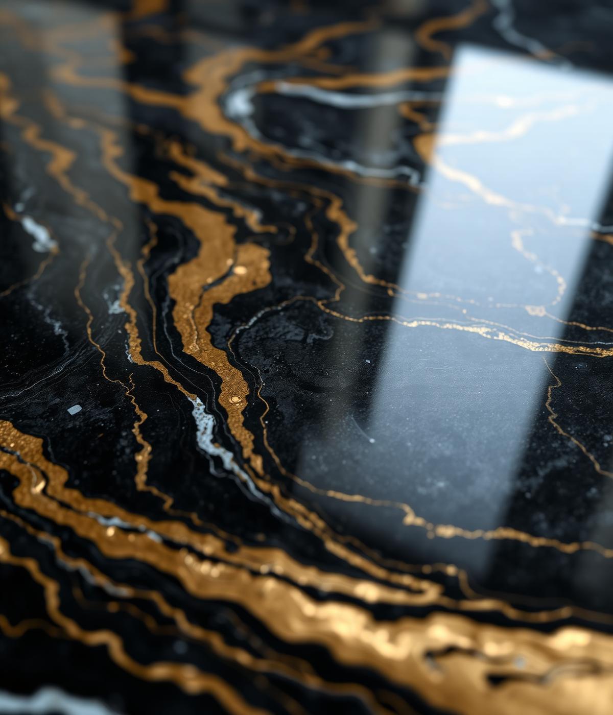 Close-up of black and champagne gold metallic epoxy flooring